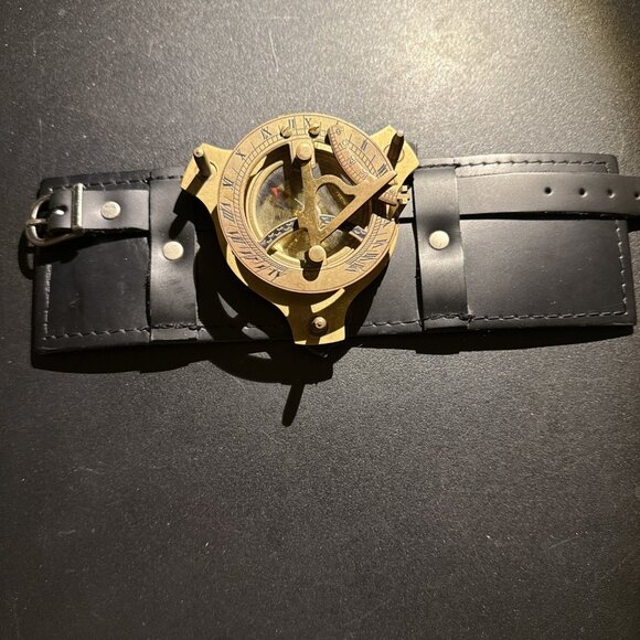 Sundial Wrist Watch Brass Compass & Leather Straps Nautical Steampunk Handmade - Picture 11 of 16